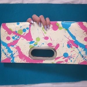 Neon paint splatter clutch